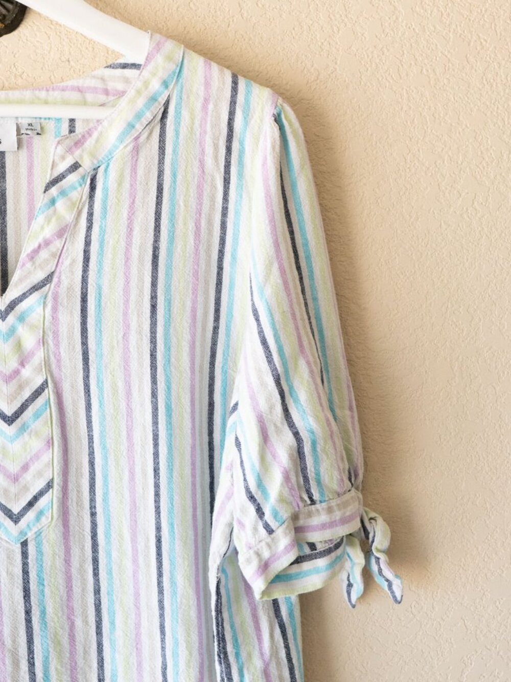 Kim Rogers Linen Blend Top XL Pastel Stripe Tie Sleeve Popover Blouse Coastal - Picture 6 of 14